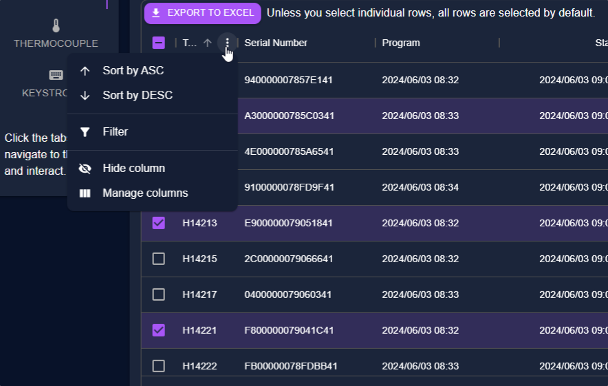 Data Filtering menu